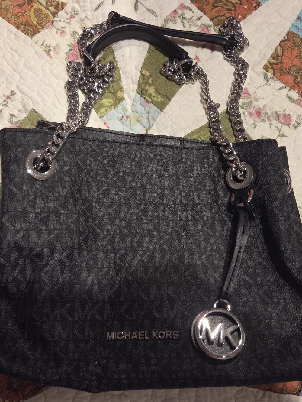 Michael Kors Black Logo Tote with Silver Chain Handles